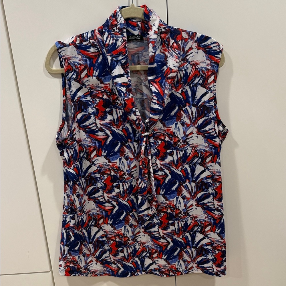 Tahari ASL Floral Sleeveless Blouse - Red, Blue, White